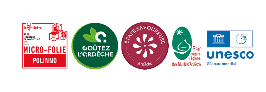 logos des partenaires de la Fête de l'automne 2025 aux Murets ; Micro folie Polinno à Joyeuse, Goûtez l'Ardèche, Les étapes savoureuses Ardèche, Parc Naturel régional des Monts d'Ardèche classé Géoparc mondial à l'UNESCO