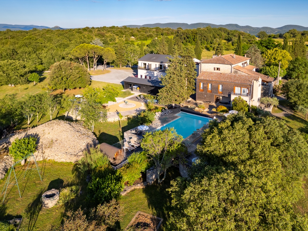 aerial view of Auberge Les Murets, south of Aubenas, well-being hotel, restaurant, seminars, events